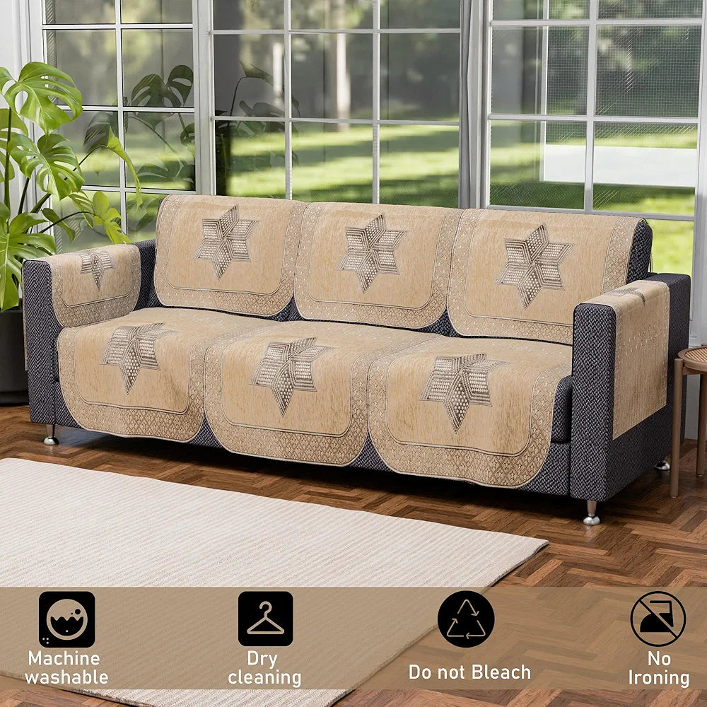 Kuber Industries Set of 16 Anti-Skid Sofa Cover 5-Seater with Arm Cover | Comfortable Slipcover Sofa Cloth & Furniture Protector for Home Decor | Star Print - Cream & Brown